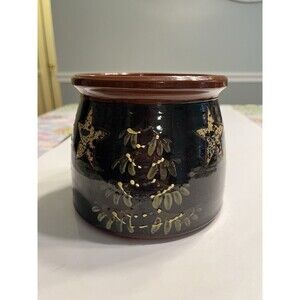 Eldreth Pottery Redware Crock Hand Painted Christmas Tree Stars Signed Folk Art